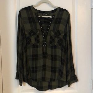 Tie up green flannel blouse